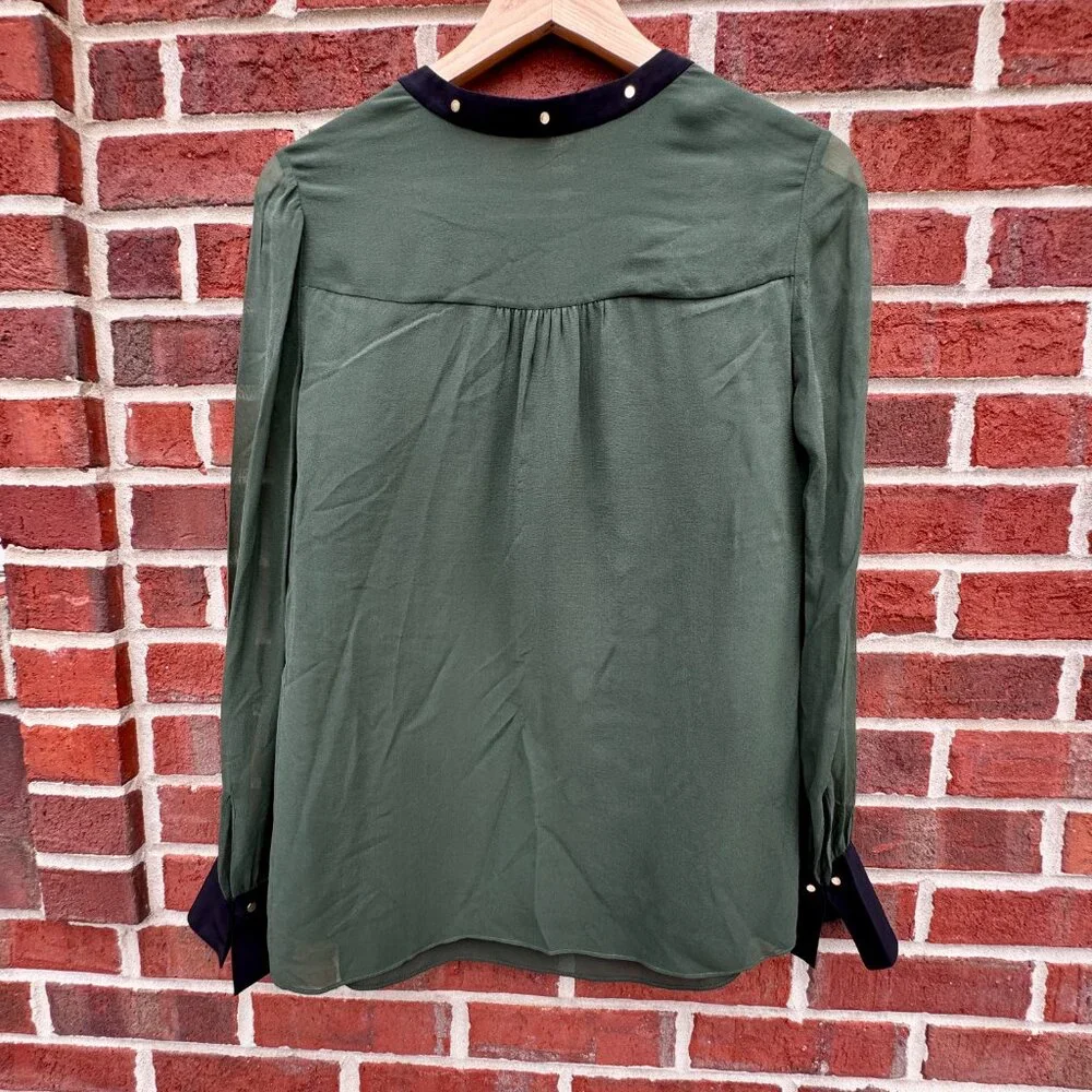 VTG Tory Burch Blouse Size 4 Sheer Green Silk Black Trim Gold Stud Detail
